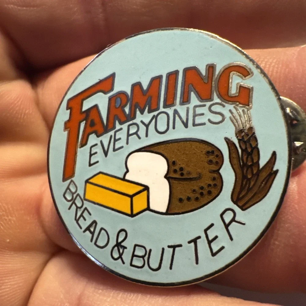 Vintage Farming Everyones Bread & Butter Hat Coat Vest Lapel Pin Farm Farmer